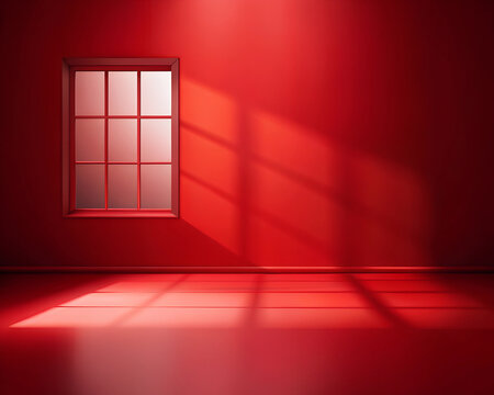A minimalist red room with a single window casting geometric shadows, creating a warm, modern ambiance with striking contrasts of light and shadow.