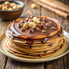 A stack of thin pancakes topped with rich chocolate sauce and nuts, served on a rustic plate for an indulgent and visually appealing breakfast treat..