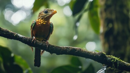 A Rufous-capped Motmot Perched on a Branch in a Lush Rainforest