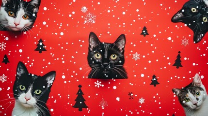 Cheerful christmas wrapping paper featuring playful black and white cats on bold red background