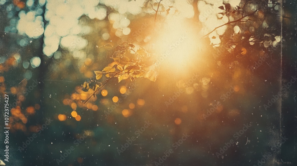 Poster sunlit branch with leaves and bokeh in a forest setting