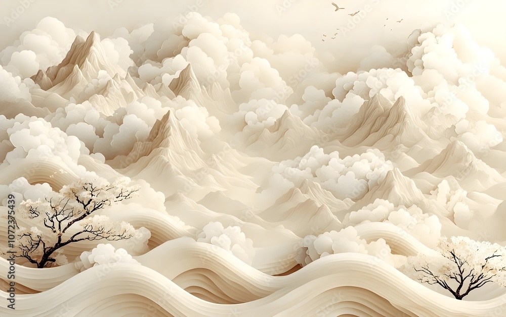 Poster a serene landscape featuring soft beige mountains and flowing waves, enhanced by gentle clouds and d