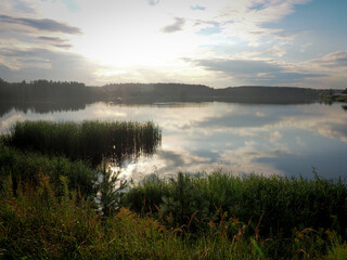 Sunset on the lake. Beautiful summer landscape with lake and trees.