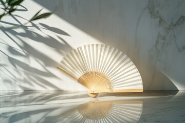 Elegant wooden hand fan with delicate cut-out details casting shadows and reflecting on a glossy marble surface in soft natural light