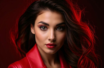 Fototapeta premium A young woman with striking features and wavy dark hair, wearing a red jacket, looks intently at the camera with a confident expression. Bold red lighting adds drama.