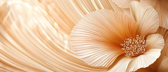 A close-up of delicate cream and peach-toned flower petals, beautifully textured, swirling in soft light, creating a serene and elegant atmosphere.