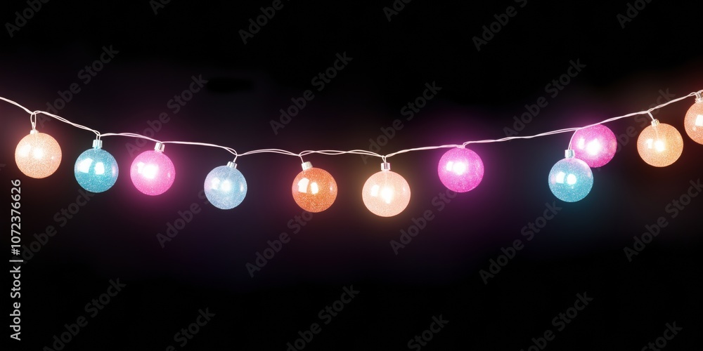 Poster a string of colorful lights with a black background. the lights are in different colors and are arra