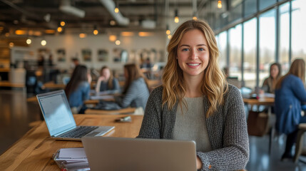 Smiling Young Woman Working on Laptop in Modern Coffee Shop Surrounded by Patrons Enjoying a Cozy Atmosphere with Natural Light and Stylish Decor
