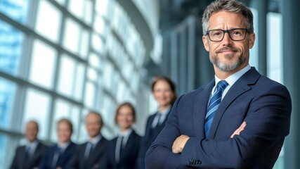 Fototapeta premium Confident Businessman in Suit with Glasses Standing in Front of Team in Modern Office Environment with Large Windows and Natural Light