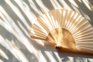 Minimalist image of a traditional hand fan casting intricate shadows against a textured white background