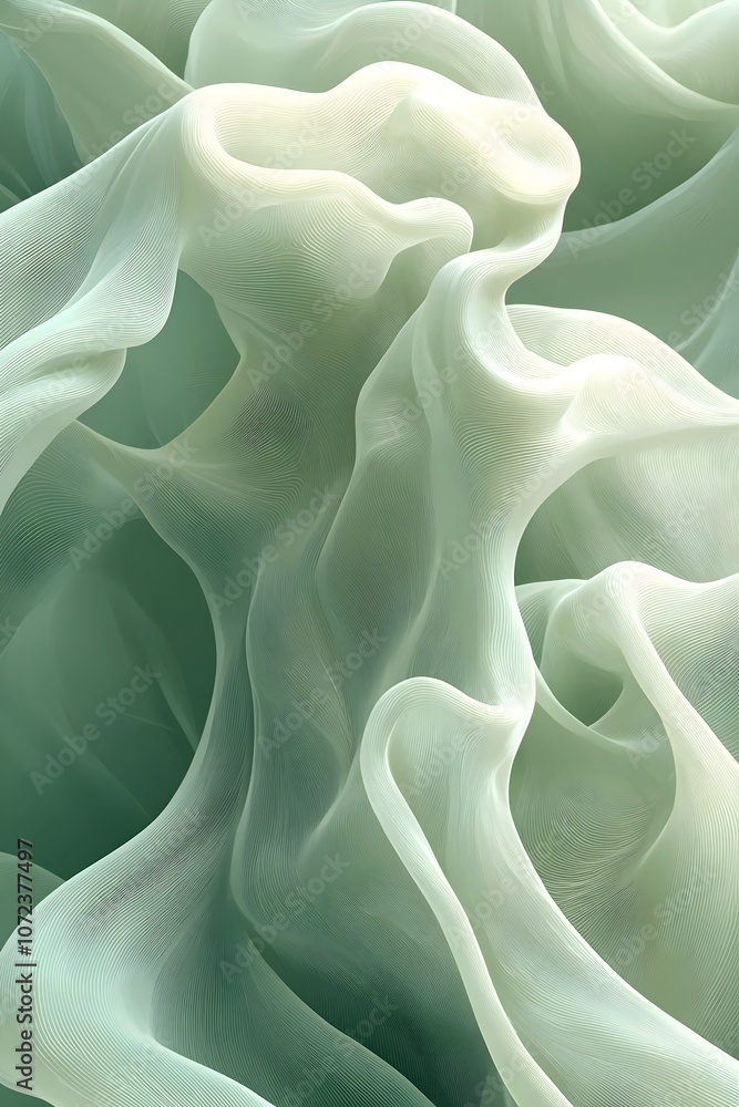 Poster an abstract composition of flowing, translucent layers in soft green hues, evoking a sense of calm a