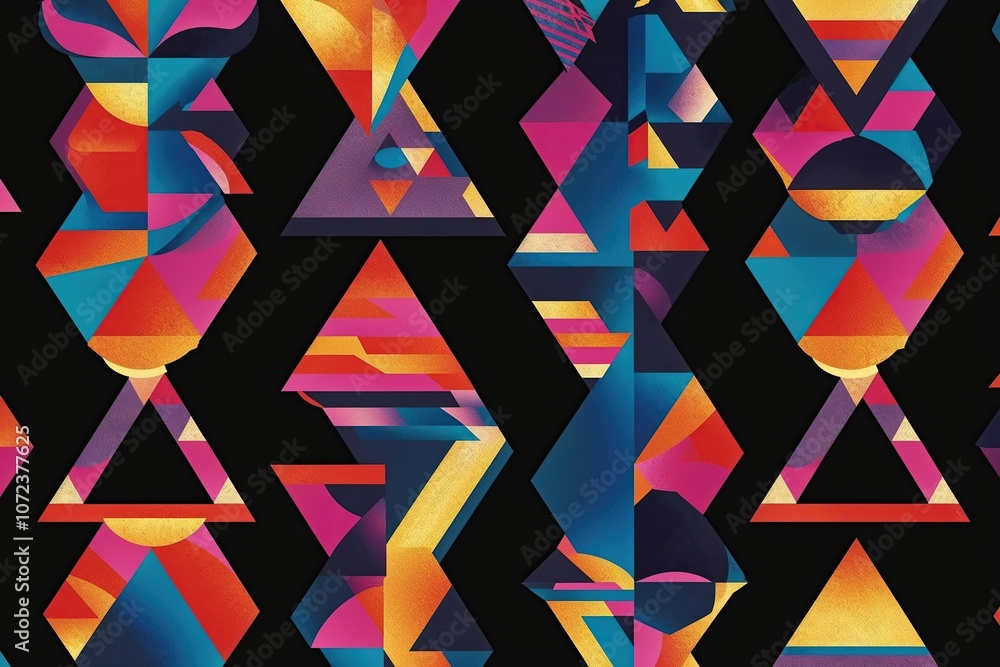 Poster vibrant geometric patterns with abstract shapes on a black backdrop