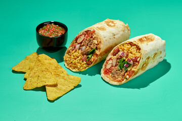 Traditional Mexican Beef Burrito with Nachos Chips and Salsa Sauce