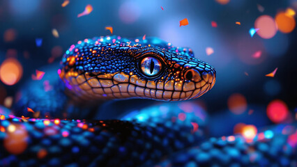 Colorful snake with a vibrant gaze surrounded by playful confetti