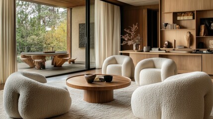 Elegant and modern interior design featuring a cozy living room with natural elements.