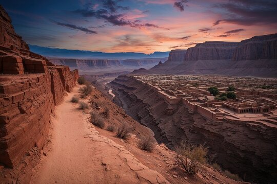 Rugged Canyon Trail to a Mystical Ancient Metropolis at Twilight