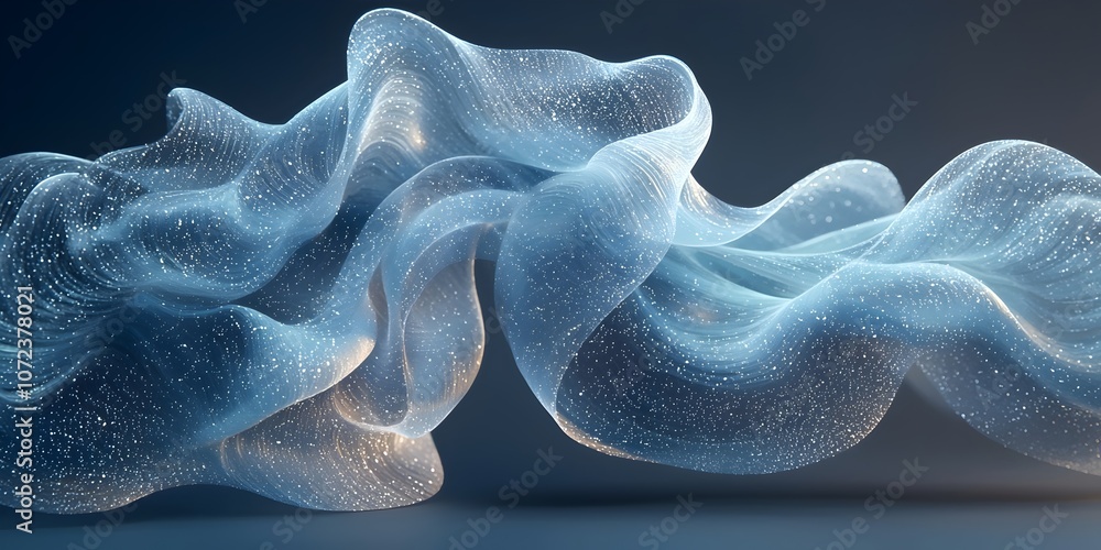 Poster an abstract, flowing wave of translucent material with sparkling details, evoking a sense of calm an