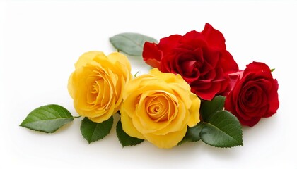 yellow and red rose flowers on white background