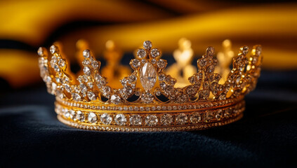 Shiny homecoming crown resting on a velvet cushion with school banners in the background, royalty theme
