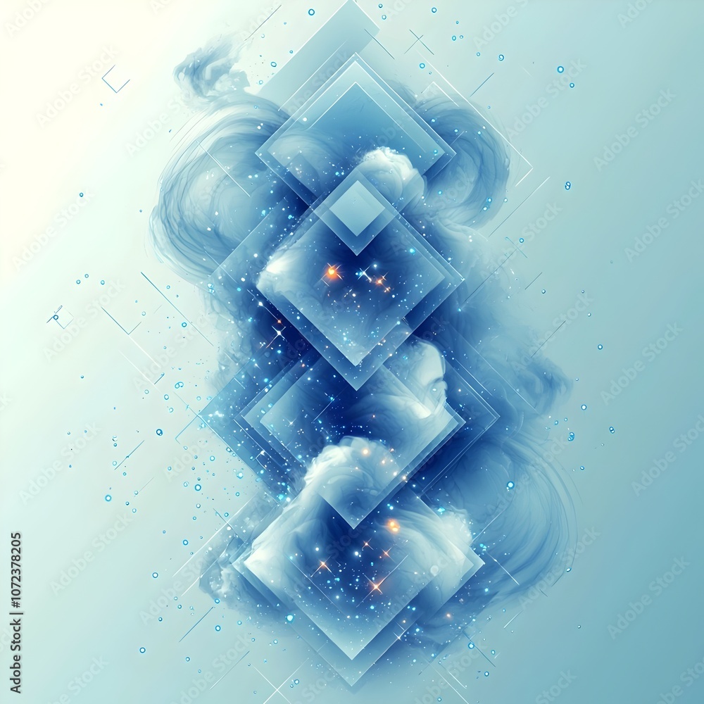 Poster abstract graphic design featuring blue clouds and geometric shapes, creating a serene and dreamy atm