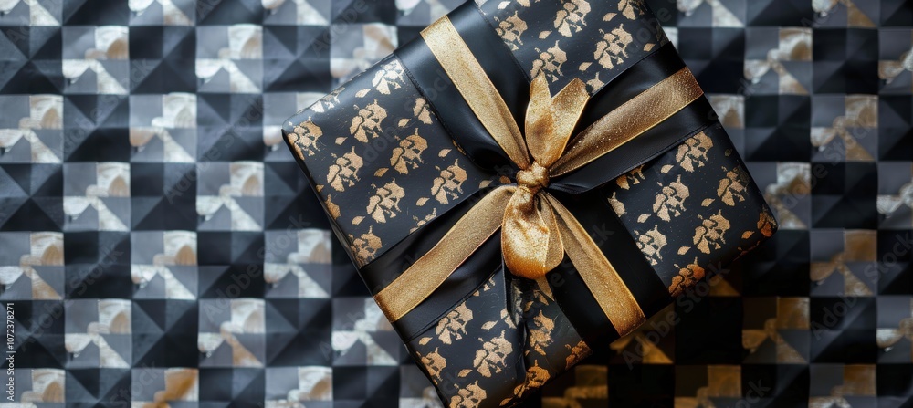 Poster Elegant Gift Wrapped in Black and Gold with Luxurious Ribbon for Special Occasions