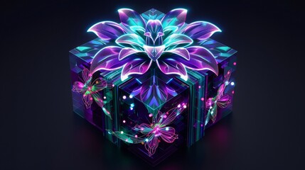 Fototapeta premium Vibrant purple and teal gift box with neon art, geometric patterns, and festive glow effect