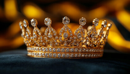 Shiny homecoming crown resting on a velvet cushion with school banners in the background, royalty theme
