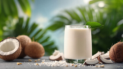 Coconut smoothie with fresh coconut pieces on a tropical background, Coconut milkshake