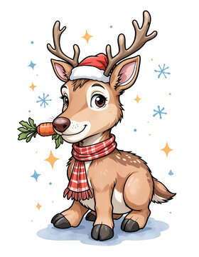  A cartoon-style clip art of a cute illustration of a reindeer wearing a Santa hat and scarf, holding a carrot in its mouth on a white background.