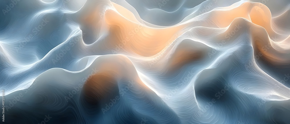 Poster abstract wavy patterns in soft tones of blue and orange create a serene and modern aesthetic, evokin
