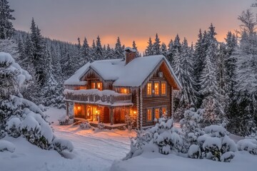 A Cozy Cabin Nestled in a Snowy Forest at Twilight