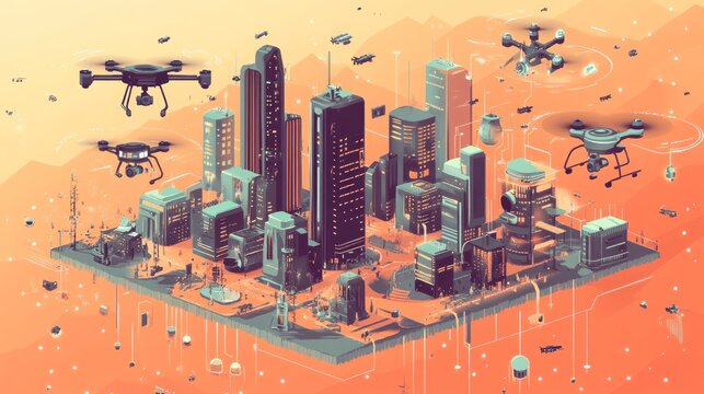 Futuristic Cityscape with Flying Drones