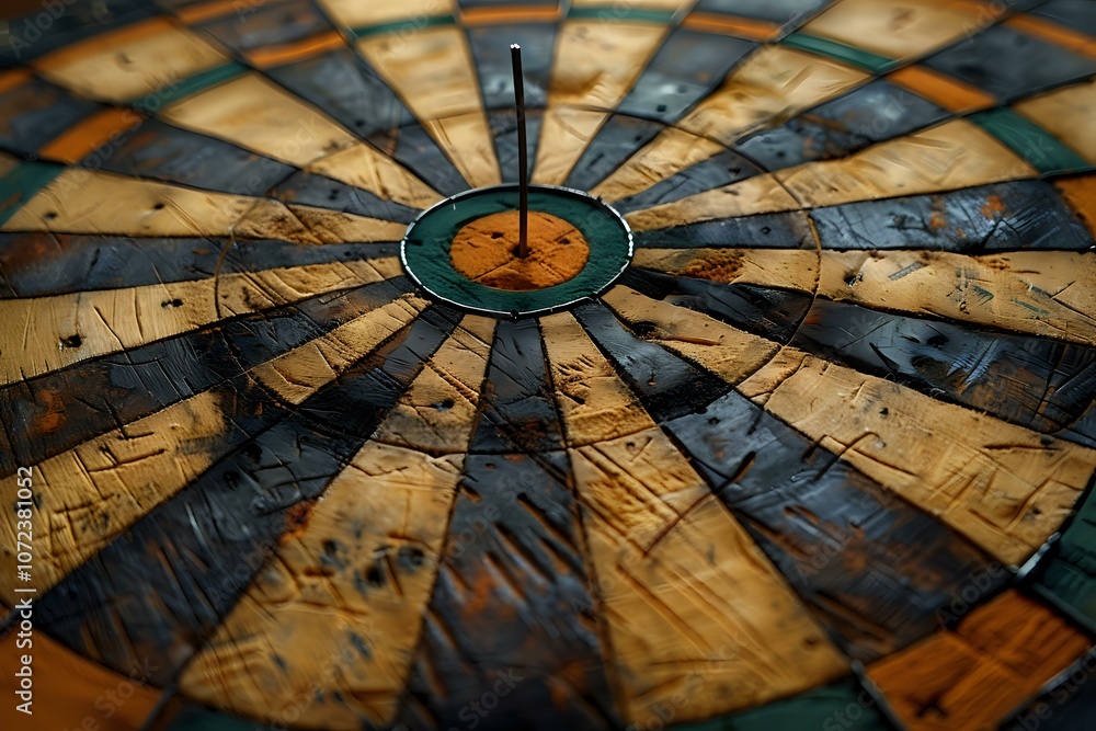 Poster close-up of a weathered dartboard with visible marks and a dart precisely hitting the bullseye, symb