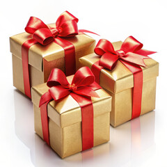 Obraz premium 3 golden gift boxes with red ribbons packaging presents wrapping.