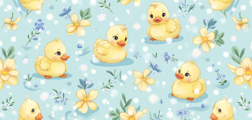 Seamless Pattern of Cartoon Ducklings in a Meadow with Flowers on a Blue Background