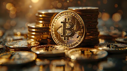 Stacks of shining gold Bitcoin coins illuminated by warm light, symbolizing the growth of cryptocurrency, blockchain technology, and digital finance innovation.