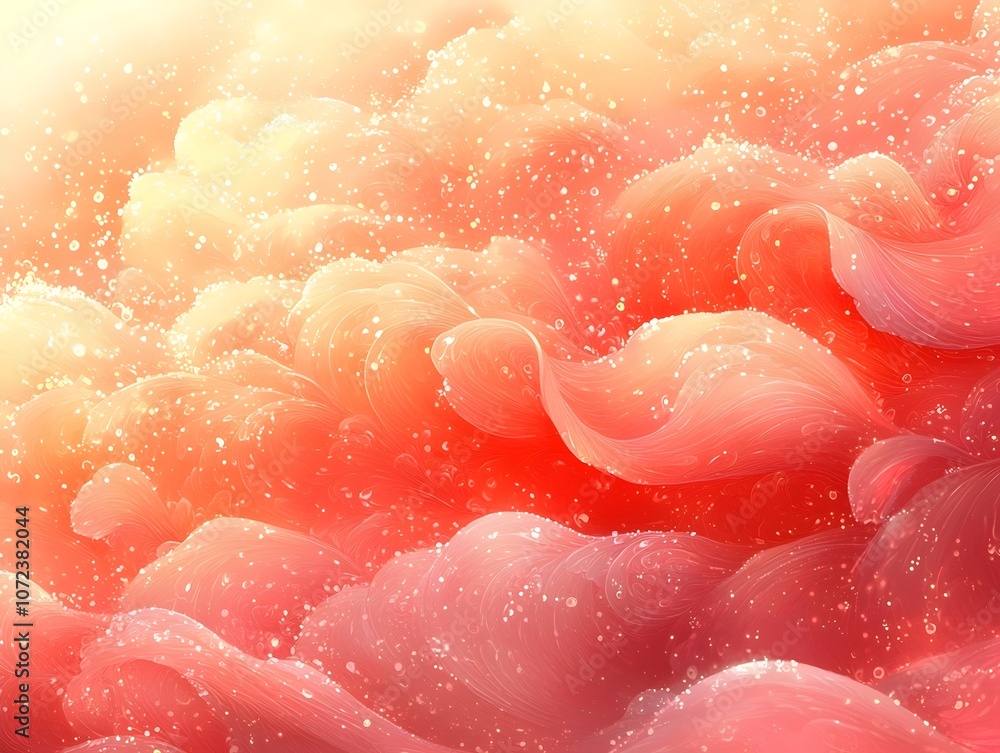 Poster a mesmerizing display of soft, swirling waves in shades of coral and peach, creating an ethereal atm