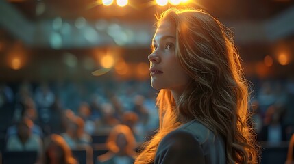 A thoughtful young woman with wavy hair stands in a warmly lit auditorium, her profile illuminated by stage lights, surrounded by an audience in a blurred background.