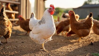 Fototapeta premium ein weisses huhn das neugierig auf dem hof eines bauernhofes geht im hintergrund sind mehrere braune huhner