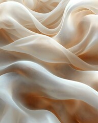 Fototapeta premium A close-up view of soft, flowing fabric in gentle waves, featuring a blend of creamy white and warm beige tones that create an ethereal and serene atmosphere.