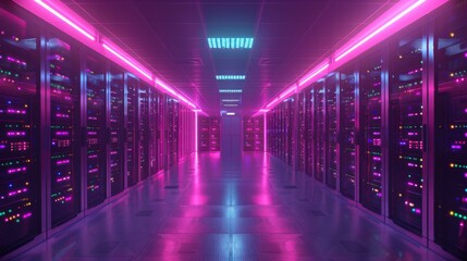 Server racks in a data center are illuminated by vibrant pink and blue lights. Concept of modern technology and digital storage. For technology blog