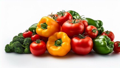 pile of tomatoes and different peppers isolated on white background stacked vegetables