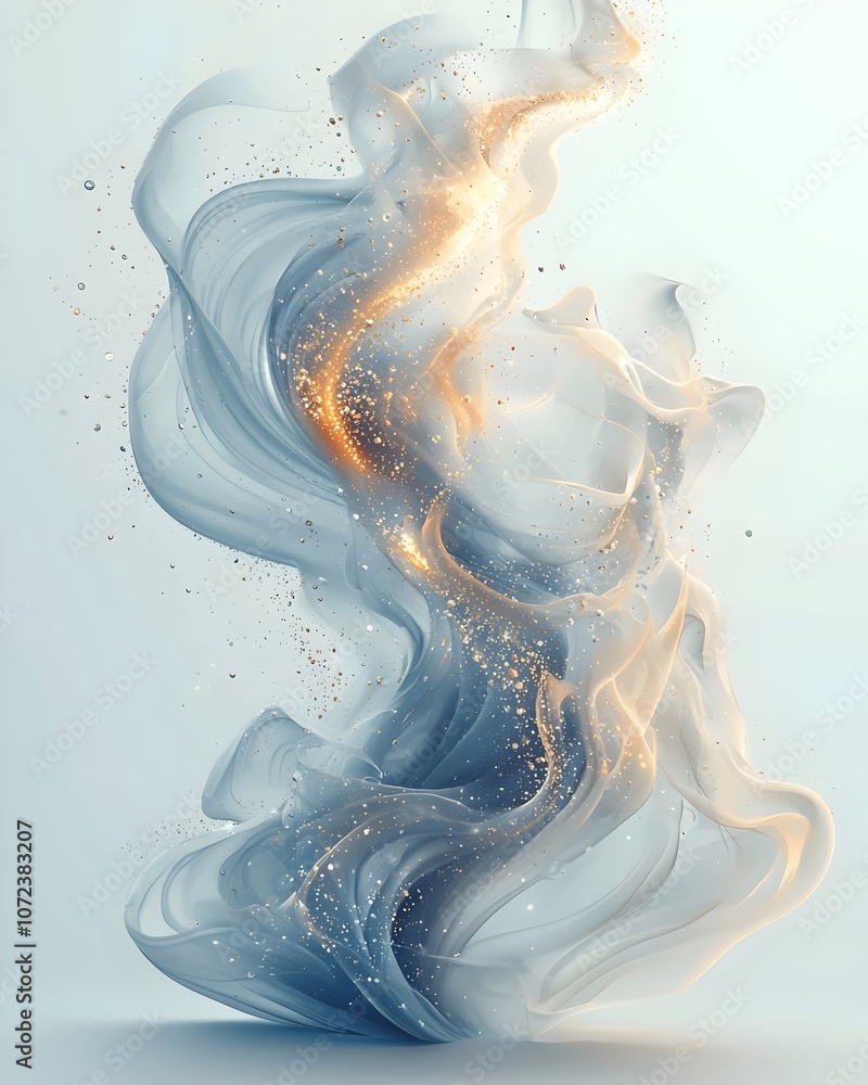Poster a mesmerizing swirl of translucent smoke in cool hues, illuminated by sparkling golden particles, cr