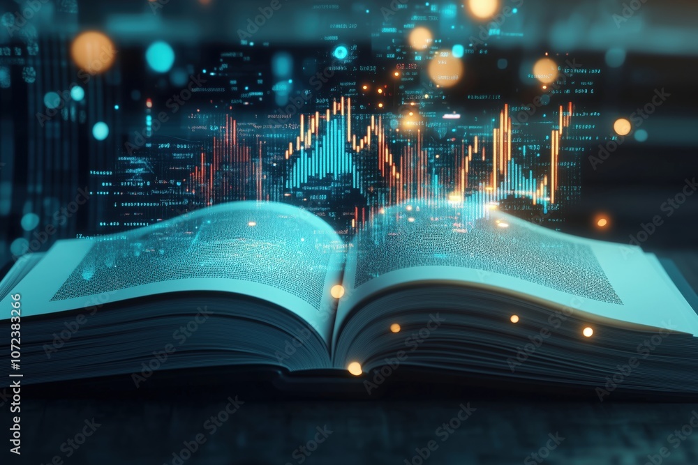 Poster open book with digital data visualization, glowing graphs, and abstract elements