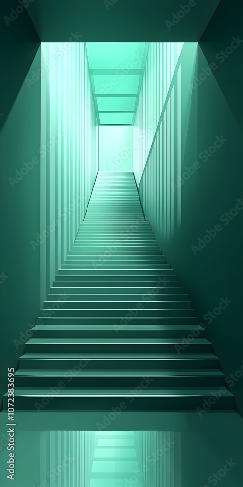 Poster a minimalist and modern staircase bathed in soft green light, creating a serene atmosphere. the smoo