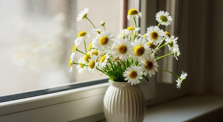 Sunlit daisies in white vase on windowsill