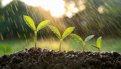 save the green planet small plants growing from dirt soft rain coming down