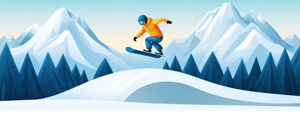 A snowboarder in an orange jacket jumps over a snowy hill against a backdrop of majestic mountains