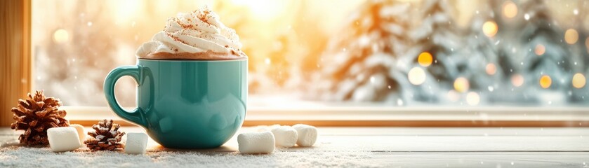 A vibrant blue mug of hot chocolate with whipped cream and sprinkles, set against a snowy window view with pinecones