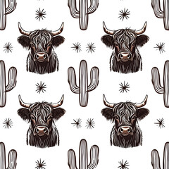 highland cow and cactus seamless pattern